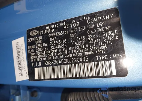 2019 Hyundai Kona Limited из США, поврежденный, VIN KM8K3CA50KU220435